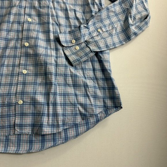 Peter Millar Button Down Shirt Large Blue Plaid Performance Stretch Cotton Mens - Picture 3 of 9